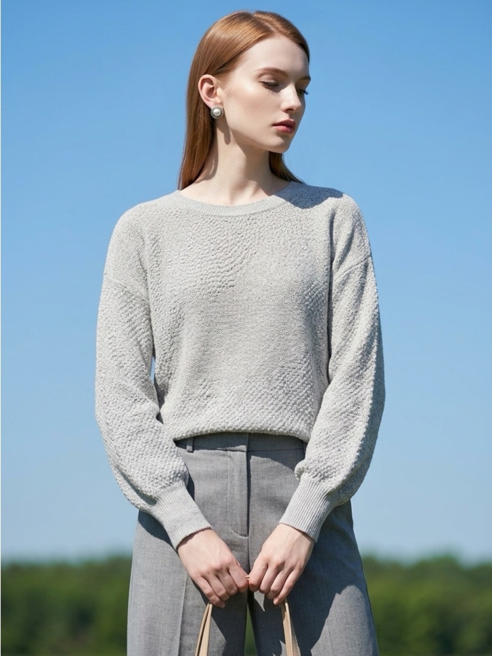 Anthropologie Matty M Gray Textured Knit Sweater Women’s Crew Neck